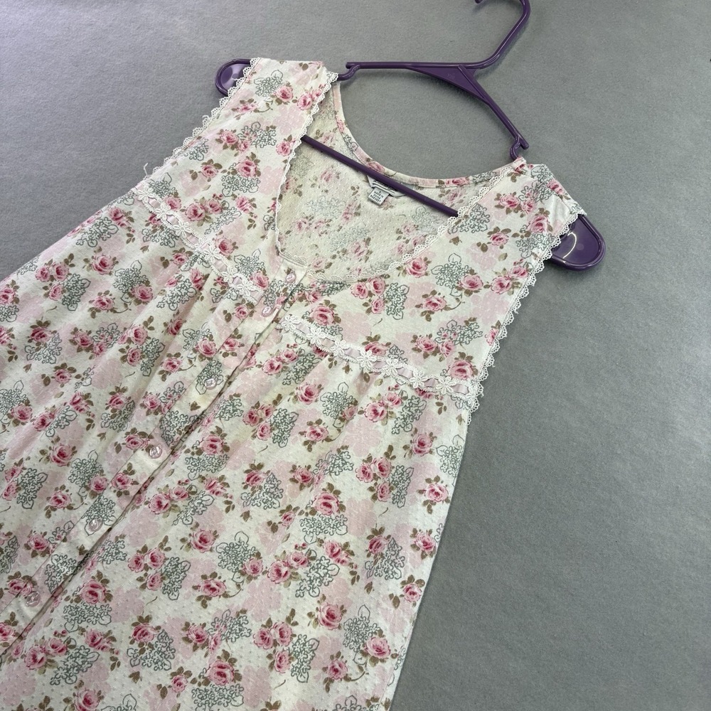 Kathryn Pink Roses Floral Sleeveless Nightgown Lace Trim Cotton Blend L Vintage